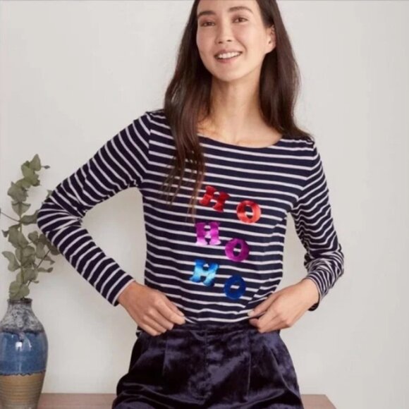 NWT Boden Breton "Ho Ho Ho" Navy Striped Top - Picture 1 of 9